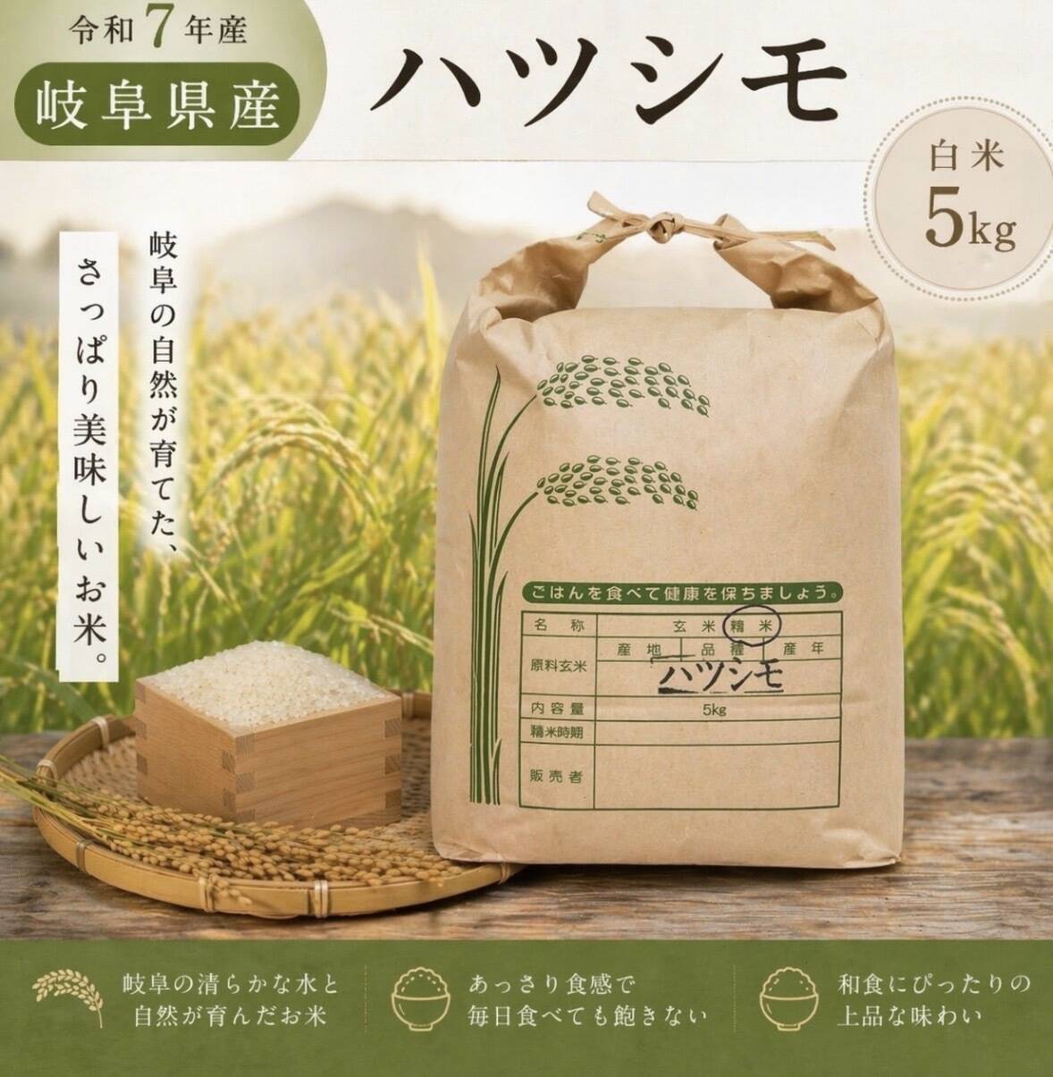 岐阜のお米！ ハツシモ 白米5㎏ 令和7年産：岐阜県産のハツシモ｜食べ