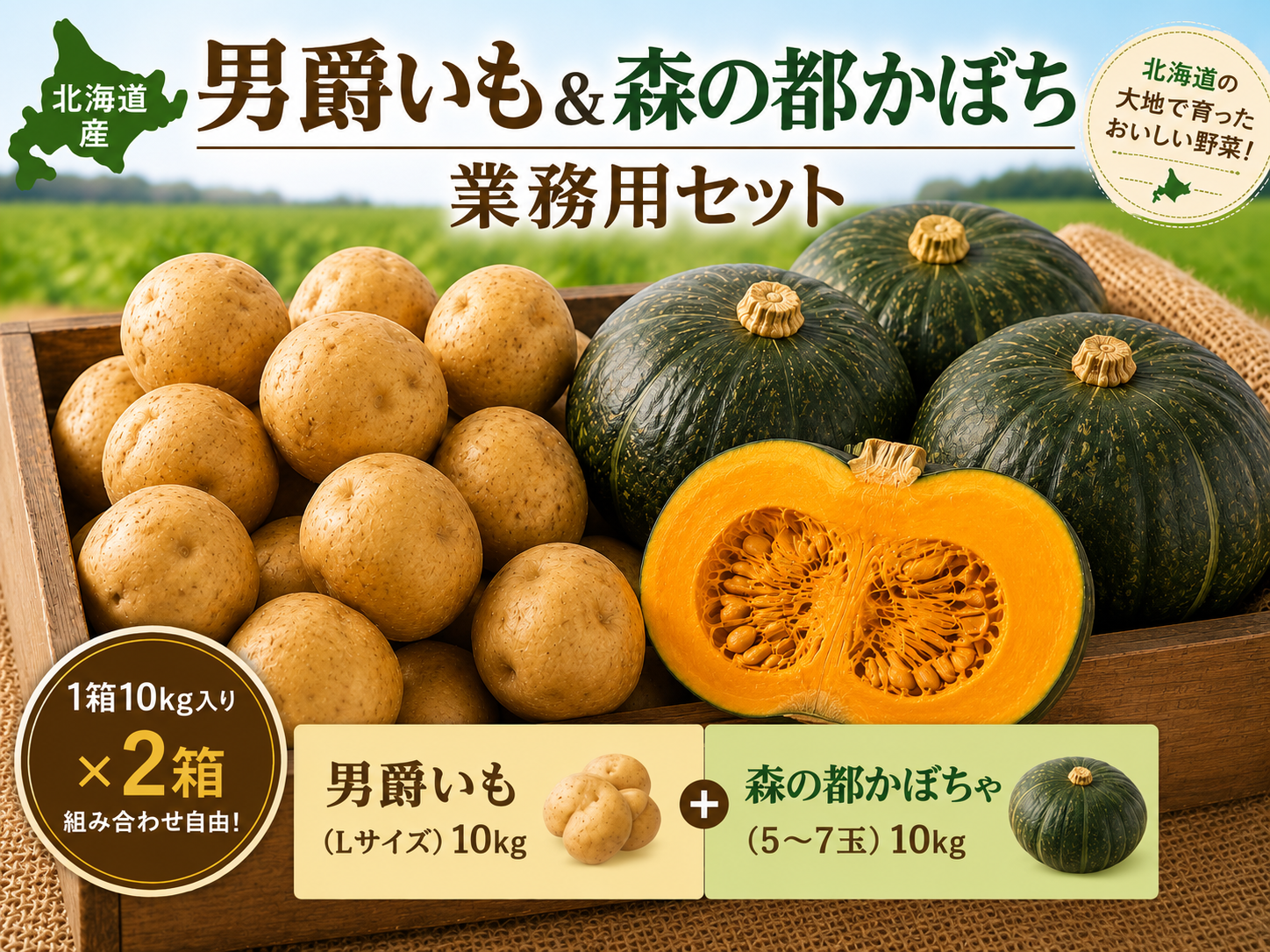 かぼちゃいもページ 北海道産 男爵いも＆森の都かぼちゃ 選べる業務用20kgセット：北海道産