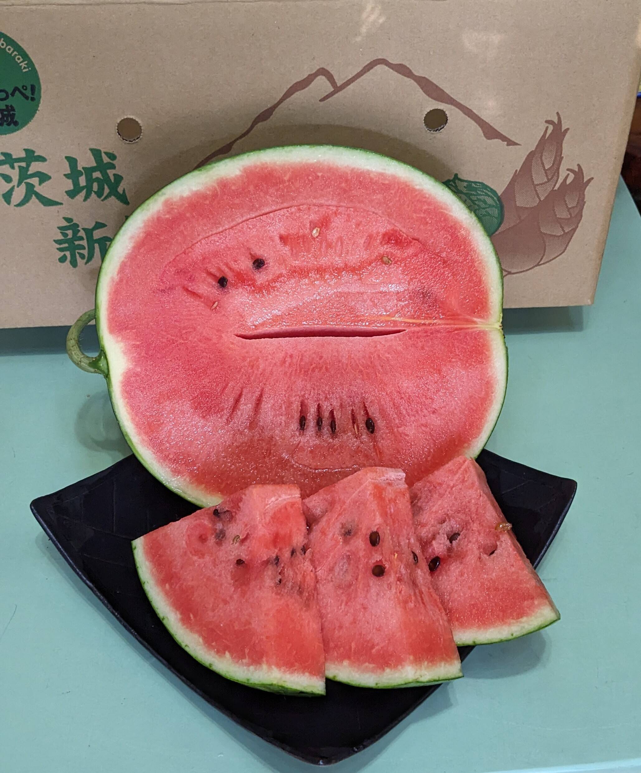 自宅用スイカ大玉＋野菜旬セット3品目を100ｻｲｽﾞ箱に詰め合せてお届け