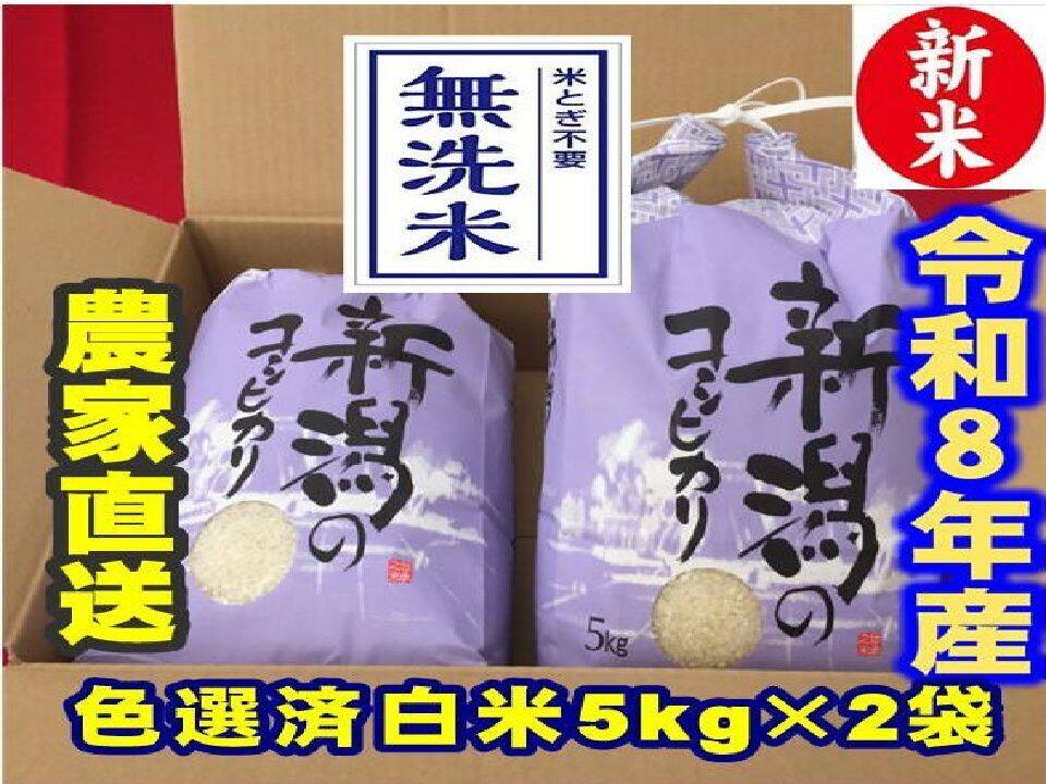 お米とぎ不用な【無洗米】令和7年産 新潟新之助　5キロ2個 色彩選別済★農家直送 米とぎ不用な新米 令和8年新潟県産 従来種コシヒカリ【無洗米】5kg×2