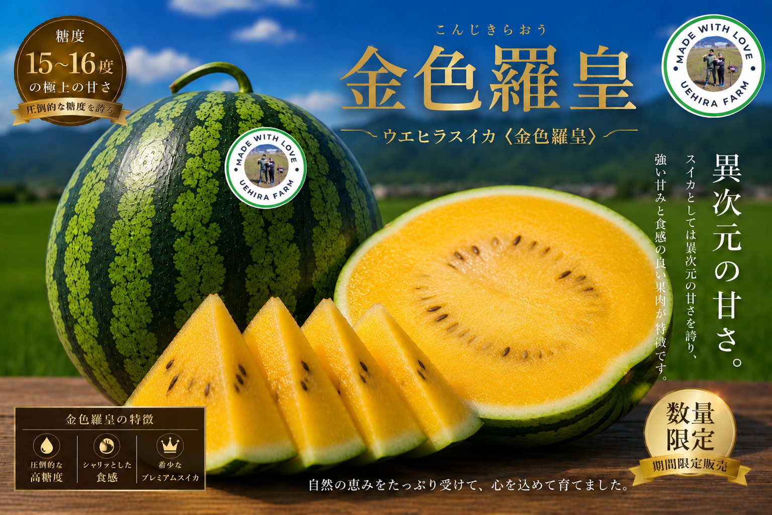 ウエヒラスイカ 金色羅皇 7kg〜11kg程：奈良県産の金色羅皇