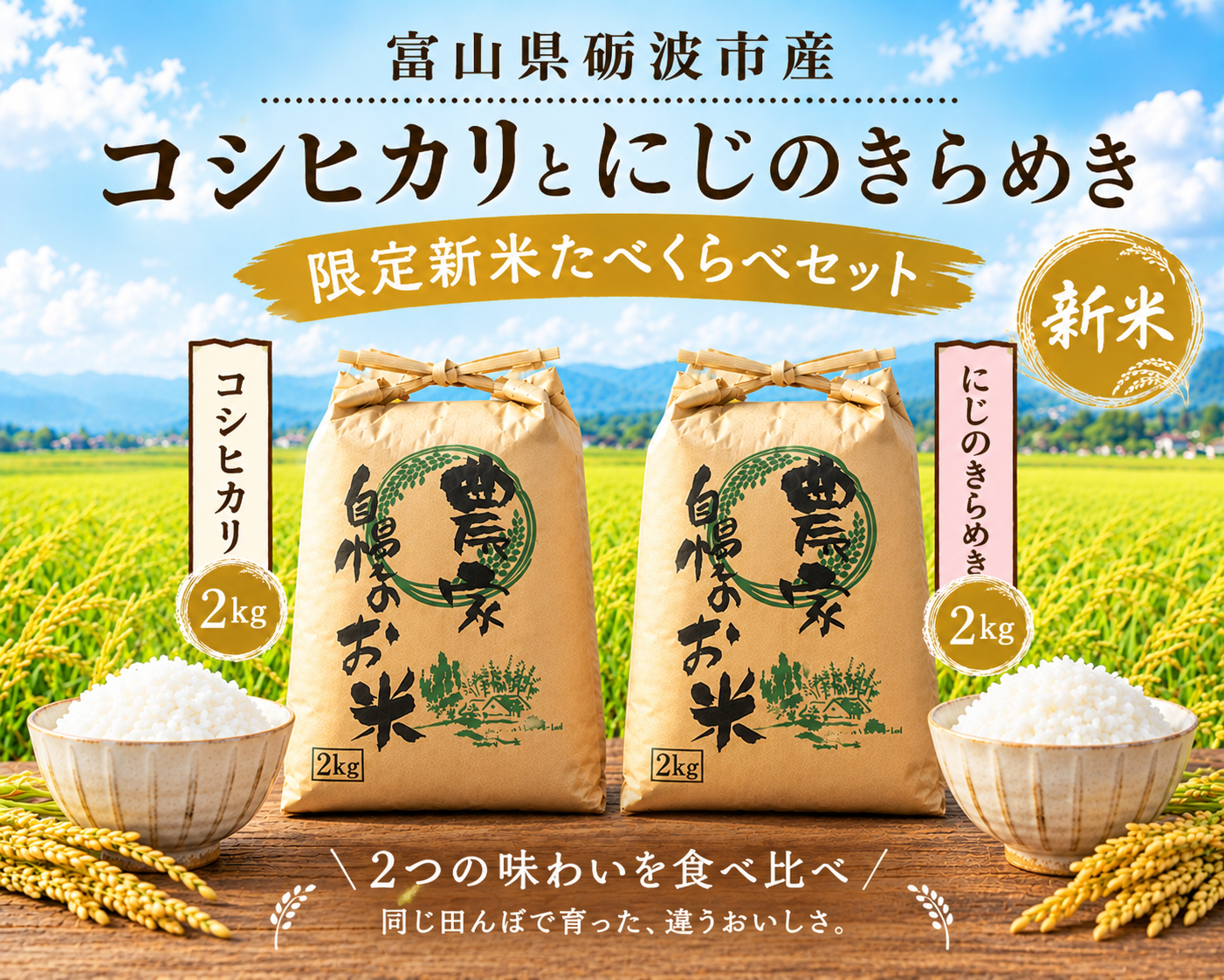富山米食べ比べセット 新米コシヒカリ&新米にじのきらめき各2キロ