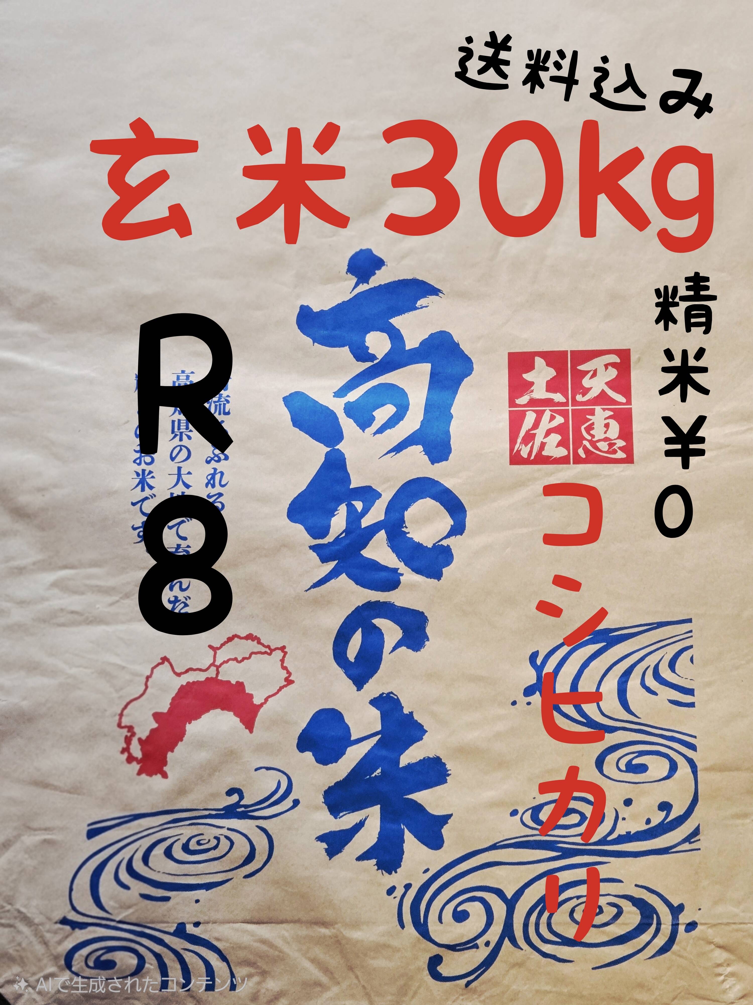 送料込み 令和8年産 高知県産 新米コシヒカリ 玄米30㎏(袋込み)：高知