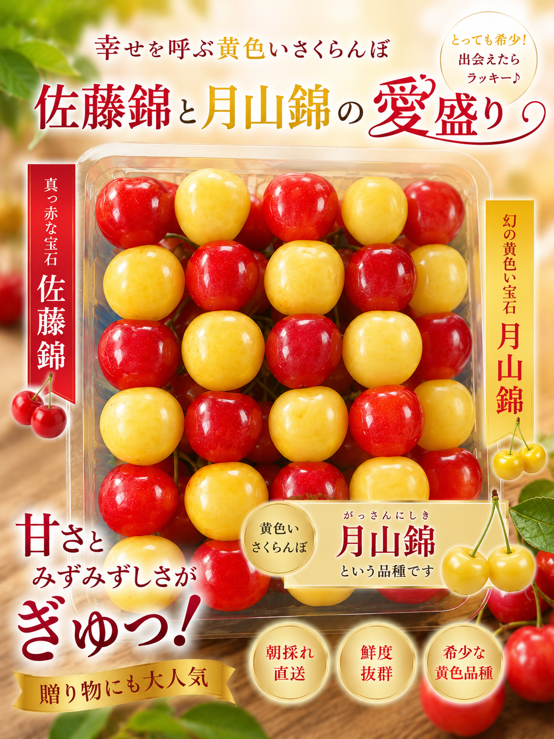 極希少種※2個限定品 幸せを呼ぶ黄色さくらんぼ入り 山形県産さくらんぼ