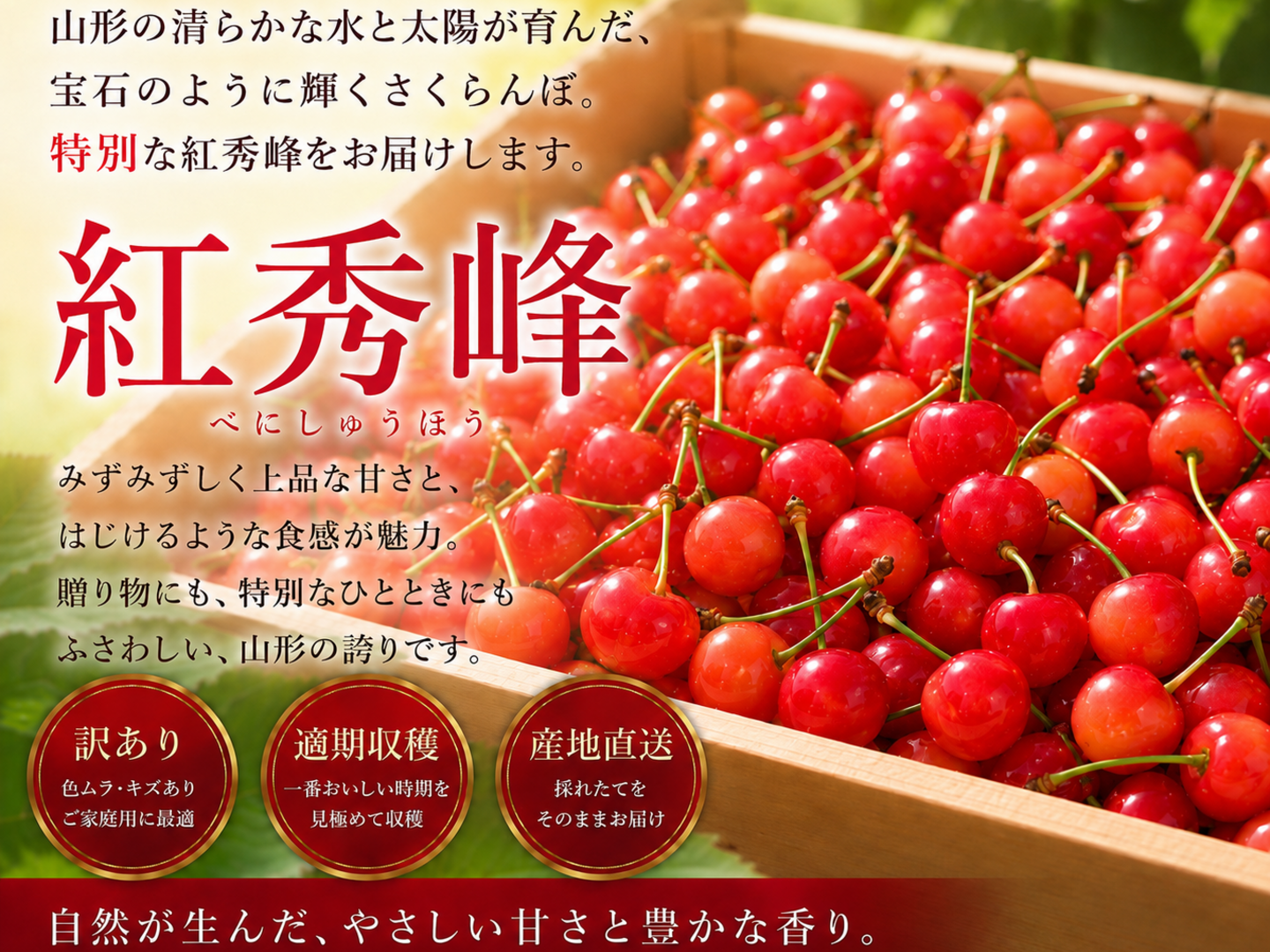 10箱限定セール中！山形県産 さくらんぼ 紅秀峰 訳あり 1kg：山形県産