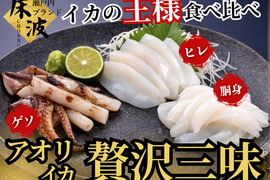 👑イカの王様三味解禁👑贅沢にして初めて完成する天然国産『アオリイカ 贅沢3味食べ比べセット』（胴身・ゲソ・ヒレ）長州床波ブランド一押しの超豪華セット🌊約200g×3種