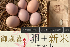 御歳暮［平飼い卵「名古屋コーチン」 1パック+ 特別栽培米「ヒノヒカリ」1㎏］223EGG 冬ギフト【新米・令和5年産】