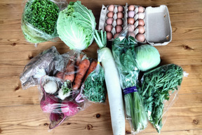 ボリュームあります。セットでお得♪常温便。春野菜セット約10種類(農薬化学肥料不使用)と平飼い有精卵20ケ