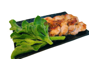アイスプラントのお造り、豚モモ肉の厚切りソテーを添えて