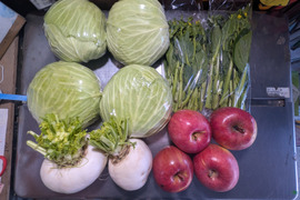 キャベツ、カブ、アスパラ菜、リンゴ