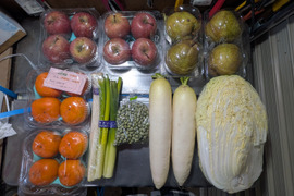 柿、リンゴ、洋ナシ、青大豆、ネギ、大根、白菜