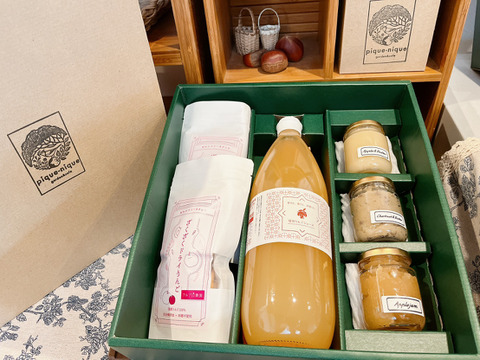 【フルプロ農園 ギフトセット】信州りんごジュース＆手づくり加工品 詰め合わせ。信州りんごジュース 1000ml ×1本、ドライりんご 20g ×2袋、りんごジャム 100ml ×3個（※種類はお任せ）