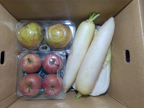 ハクサイ、ダイコン、柿、リンゴ、ラ・フランス