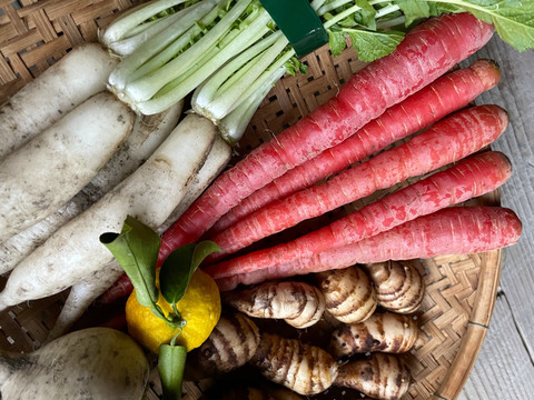 有機JASのお雑煮5種セット❗️【雑煮大根・金時人参・小えび芋・辛味大根・花柚子】お正月をオーガニック野菜で始めよう‼️［発送日12/26、27 限定：到着は遠方以外は翌日］