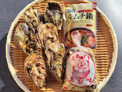 【福袋】牡蠣のバラエティセット①【加熱用】殻付き牡蠣6ヶ+【生食用・加熱用】むき身300ｇ+選べる鍋のもと1ヶ「熨斗対応可」