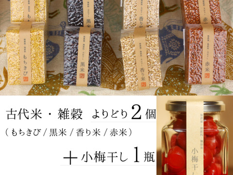 【無農薬・無肥料 自然栽培 天日干し】古代米・雑穀よりどり2個+小梅干し1瓶のセット