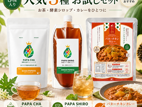 パパイア王子 お試しセット｜宮崎県産 青パパイヤ酵素シロップ・ノンカフェイン茶・レトルトカレー 詰め合わせ ポスト投函
