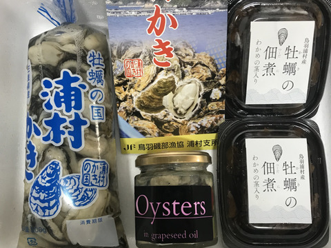 浦村かきの詰め合わせセットB【漣】生食用むき身500g×1本、牡蠣の佃煮×2パック(100g)、牡蠣のグレープシードオイル漬け×1瓶(170g) 三重県産 贈り物 熨斗対応 プレゼント【冬ギフト】