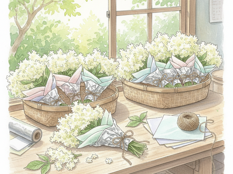 【初夏限定】手摘み生エルダーフラワー 100g｜自然栽培｜手作りコーディアル・シロップ・加工料理用　ご予約受付　発送5月下旬以降　短い季節だけの数量限定のお届け　初めて仕込む方にちょうどよい量です