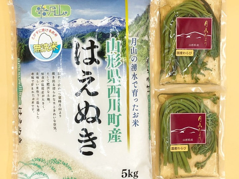 【山形県産 月山の湧水で育ったお米 はえぬき】精米 無洗米 特A米5kg 2020年産 新米&【美味しい山菜 わらび水煮】100gx2 2袋セットです♪♪