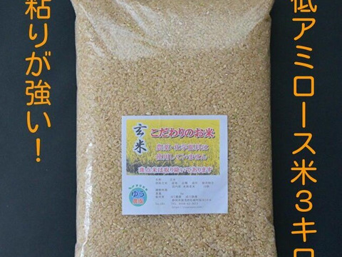 【化学肥料・化学農薬不使用】低アミロース米「ミルキープリンセス 玄米3kg (令和5年産)」もち米に近いモチモチ食感