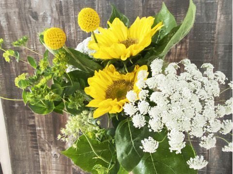 【生花】ひまわりメインのブーケ・・花束・プレゼント可能！元気の花たちヒマワリの明るい黄色と、ころんと可愛いクラスペディア、そしてふわっと涼やかなレースフラワーを束ねた、夏の光みたいなブーケです。