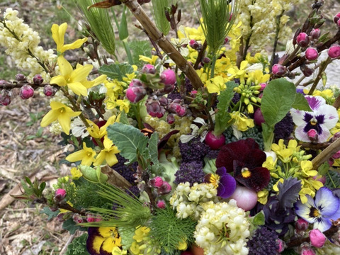 【期間限定】【春ギフト】花と野菜をミックスした ブーケ かごタイプ【カラフルなミニ野菜】【お誕生日】【開店祝い】【周年祝い】【お供え】