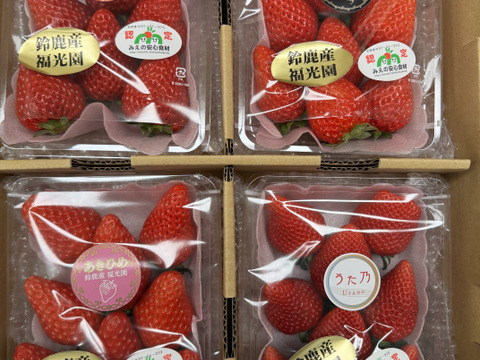 三重県オリジナル品種【うた乃】を中心に、章姫、紅ほっぺ、よつぼし、かおり野、3品種を選抜した食べ比べセット(品種は選べません。その日、状態の良い品種を選抜します。)1箱1.0kg~1.2kg