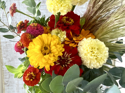 【もりもりお任せカラフルブーケ】クール便、人気ありパンパスグラスを添えたブーケ。産地直送