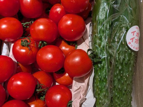 皮が柔らかくて食べやすい♪ 優しい甘みの薄皮中玉とまと🍅【華小町】１kg箱 + 朝もぎイボきゅうり🥒３本付き