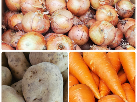 今日はなににする？カレー？シチュー？
それとも肉じゃが？定番の野菜をセットにしました！！メークイン、玉ねぎ、人参　10kg