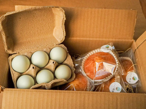 【期間限定！】熊本県南阿蘇村の自社農場で育てた平飼い卵をたっぷり使った『マドレーヌ』と「青い卵」のセット