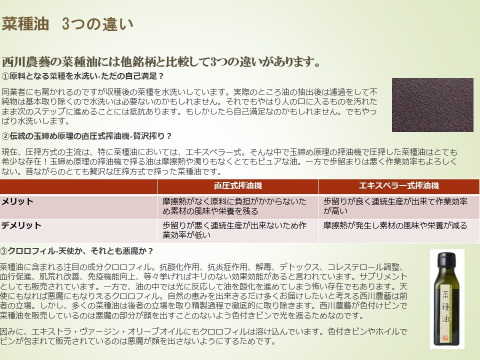 【冬ギフト】焙煎も精製もしていない菜種油はちょっと違います！
自家農園産自然栽培原料・低温圧搾生搾り菜種油3本詰