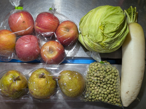 青豆、キャベツ、ダイコン、ラ・フランス、リンゴ