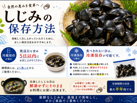 数量限定 （3kg)

食べチョク登録記念！
冷凍品『とれたて新鮮しじみをすばやく冷凍』十三湖産大和しじみ（砂抜き済み）　中サイズ500ｇ×6Ｐ