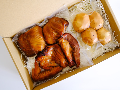 放し飼い鶏の長期育成肉 「俺のすべて」スモークチキンと放牧有精卵の燻製たまご