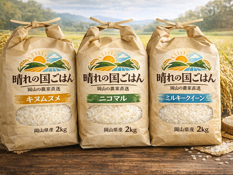 ３種食べ比べセット！キヌムスメ・にこまる・ミルキークイーン 2026年産「岡山県産お米」２kg×３個セット