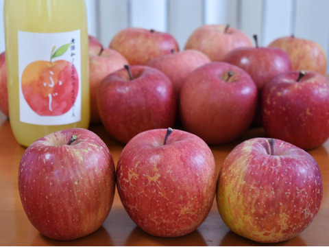 【大特価🍎丸かじりサイズ】家庭用/訳ありでも美味しい!葉取らずサンふじとジュースのセット(りんご3㎏前後)