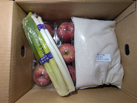 野菜(白菜、ネギ)、お米、リンゴの詰め合わせ