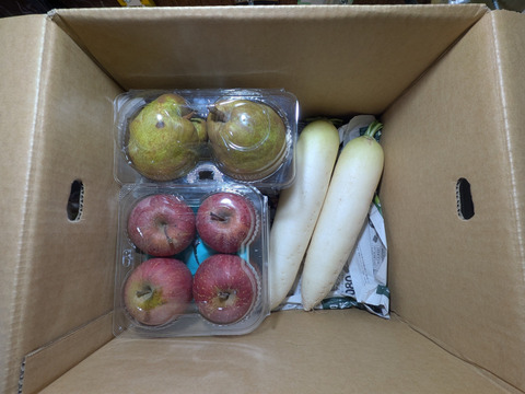 柿、リンゴ、洋ナシ、青大豆、ネギ、大根、白菜
