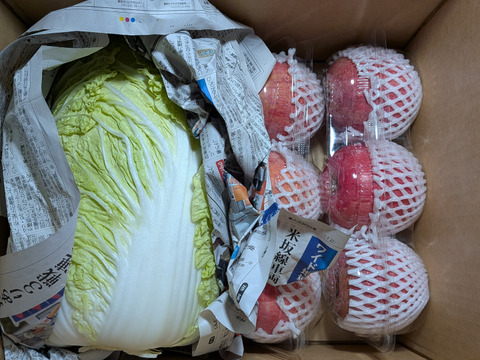 白菜、大根、ネギ、青大豆、リンゴ、ラ・フランス