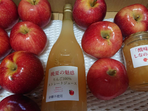 収穫開始です。甘いしなのスイートりんご約3kgと晩夏の魅惑100％ストレートジュース720ml入り1本（濃厚な甘味）更に「しなのレッドジャム390㌘入り」1個を付けセットにしました。安曇野の恵み祭り