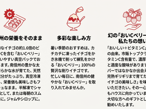 南信州産【おいCベリー】100％　便利な小分けタイプ【朝どれ】完熟イチゴを真空冷凍　◎珍しい品種おいCベリー名前の由来：「おいしい」＋「ビタミンC」天然の栄養成分がたっぷり（235～255g×4個）