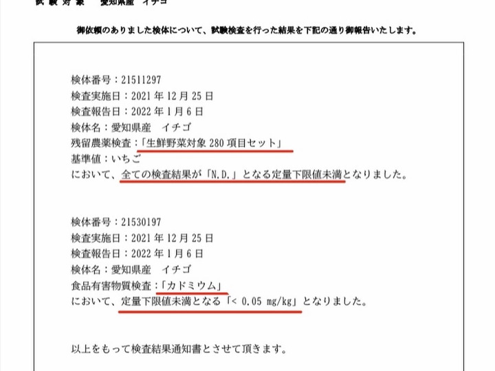 残留農薬検査 281項目不検出