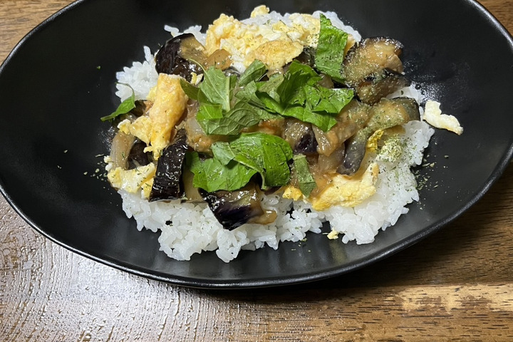 じゅわっとジューシー！玉ねぎとナスの炒り卵丼