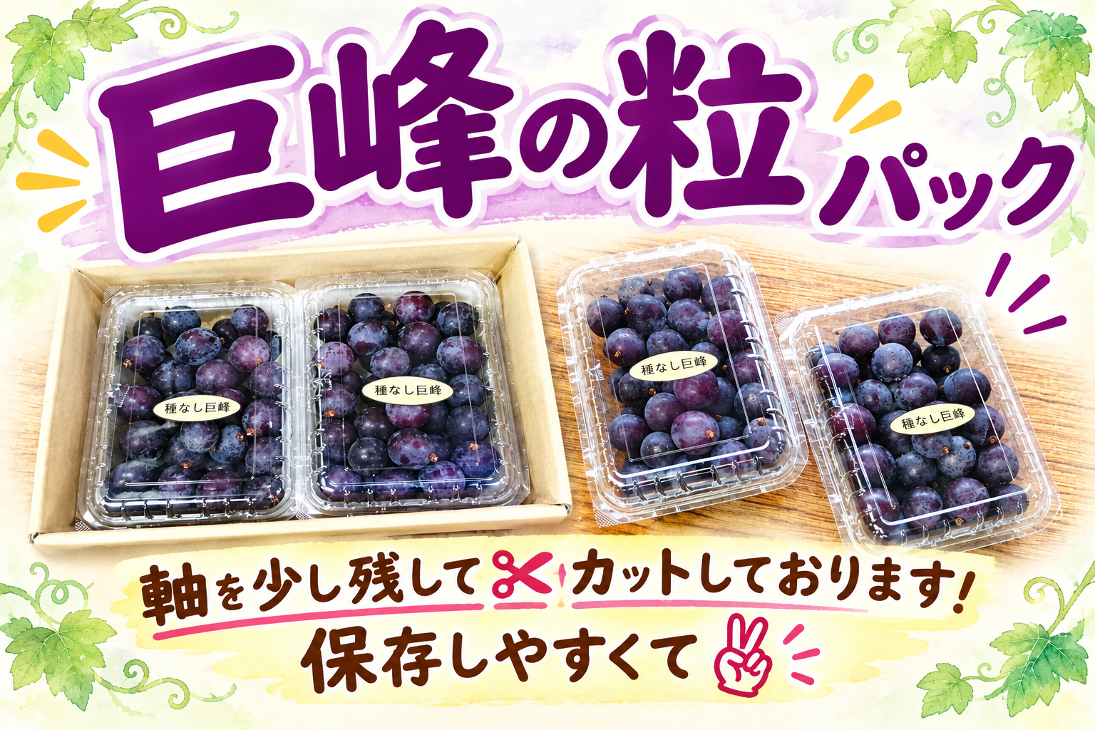 ✨️🍇🌿 巨峰の粒ﾊﾟｯｸ 🌿🍇✨️ 【粒状➁ﾊﾟｯｸ/各450g位】：茨城県の