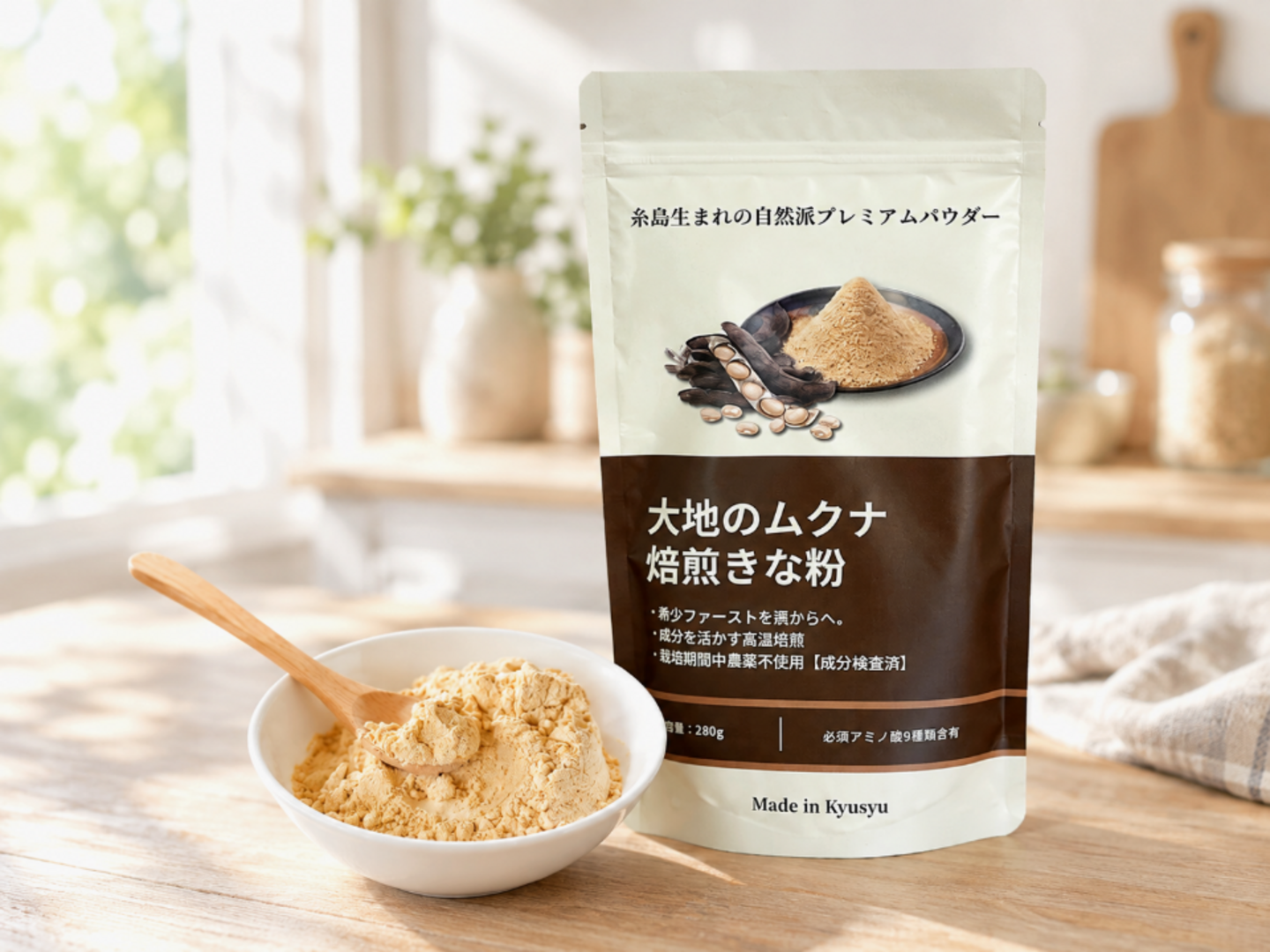 糸島産ムクナ豆100％使用｜無添加の焙煎きな粉 280g：福岡県産の米