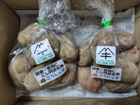 【秋採りの新じゃが】
伝説のじゃが芋【珍しいじゃが芋：ごうしゅ芋】紅白ごうしゅ芋各５００ｇセットでお届け。
徳島県　にし阿波地方の伝統的なじゃが芋。長く保存できるように「土付きのまま」届ます。