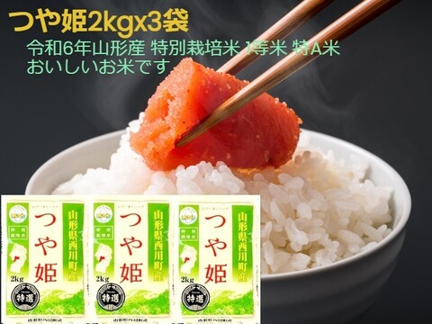 本当においしいつや姫 2kgx3袋  特別栽培米 1等米 特A米 無洗米 令和6年山形産
