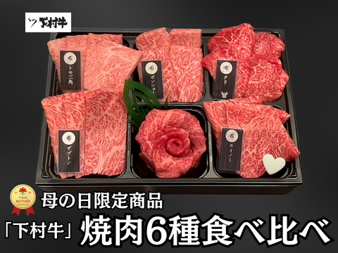 【母の日ギフト】黒毛和牛『下村牛』焼肉6種食べ比べ（カルビ、あかみ、ロース、稀少部位3種　計360g）